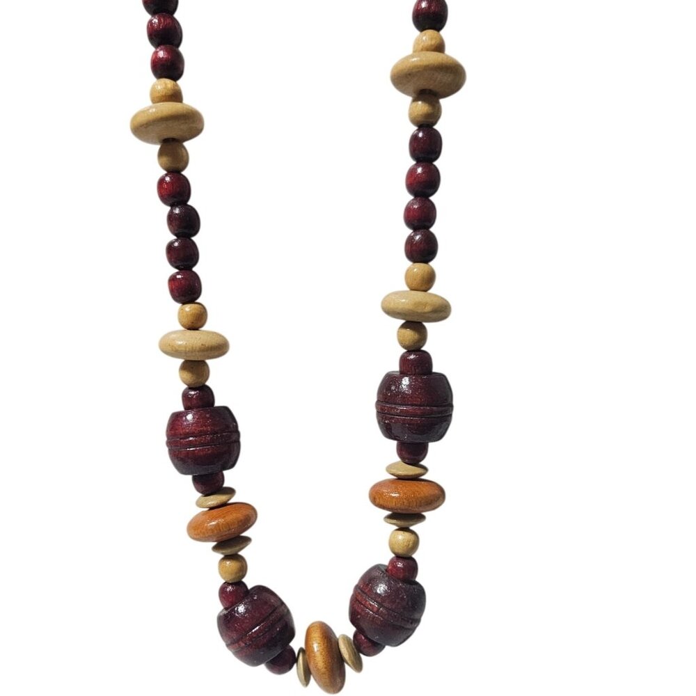 Vintage Wooden Beaded Necklace With Red Brown Beads Natural Boho Jewelry Women
